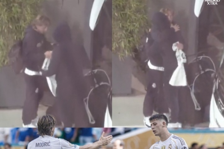 接棒??回到馬德里后莫德里奇將自己的球衣給居勒爾，兩人擁抱