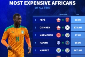 德轉(zhuǎn)統(tǒng)計歷史非洲轉(zhuǎn)會費最貴球員：佩佩加盟阿森納8000萬歐居首