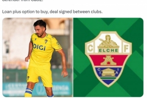 羅馬諾：埃爾切租借加的斯中衛(wèi)丘斯特達成協(xié)議，含選擇買斷條款