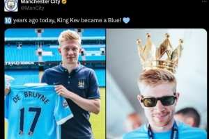 傳奇開始，曼城官推曬照：10年前今天，國王德布勞內(nèi)成為球隊一員